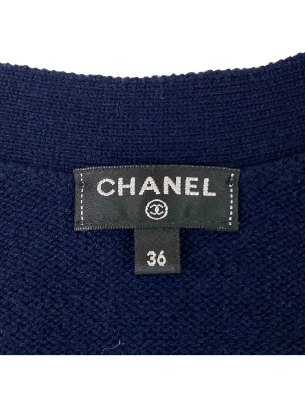 Chanel Cardigan 36 S Navy Light Gray Silver Button Cashmere